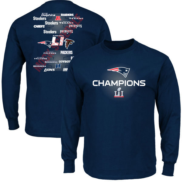New England Patriots Majestic Super Bowl LI Champions Strength of Schedule Long Sleeve T-Shirt - Navy